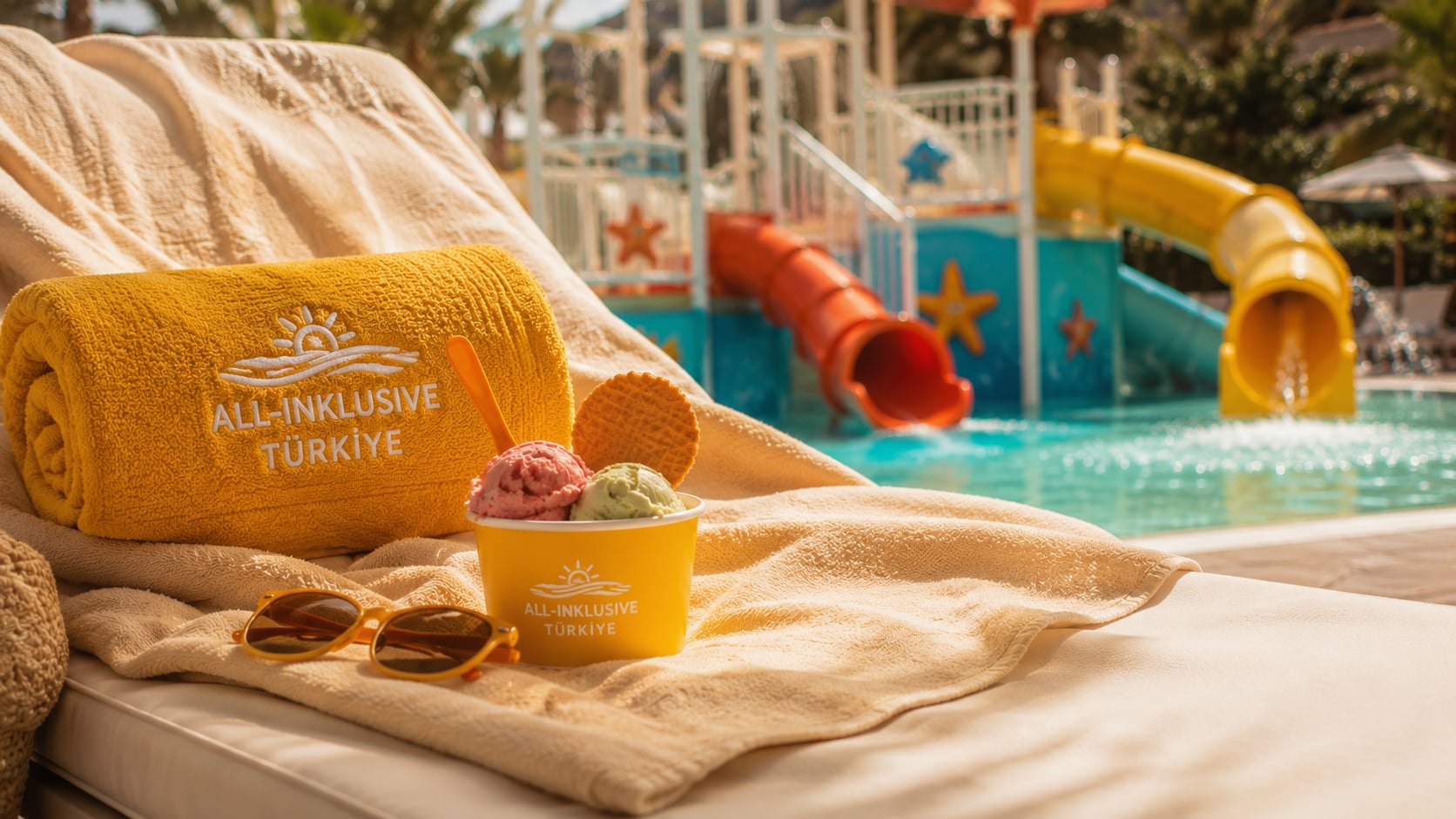 Kinderpool mit Wasserrutschen in einem tuerkischen All-Inclusive-Resort
