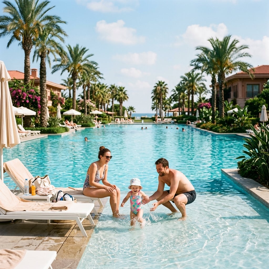 Familie mit Kleinkind am Pool einer Hotelanlage als Symbolbild für Familienhotels in Belek