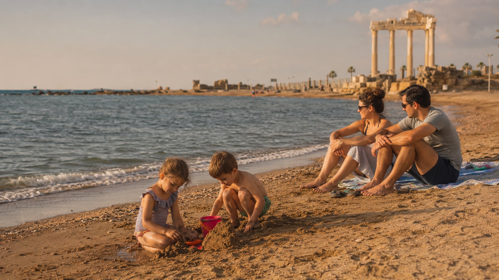 Familie mit Kindern beim Sandburgenbauen am türkischen Strand bei warmer Nachmittagssonne